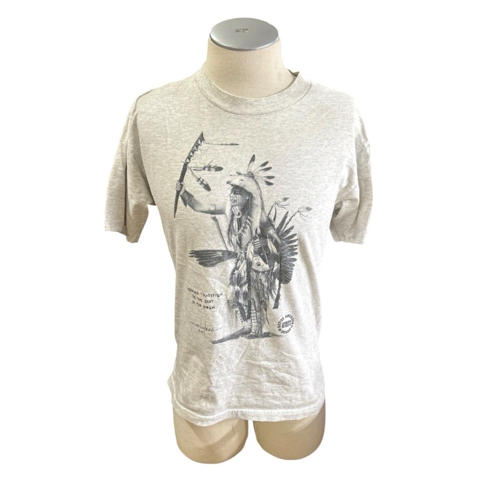 Murina Vintage 1995 Native American Menchego T Shirt Mens M Gray Short Sleeve